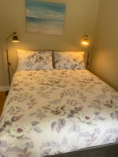 a bed with a floral bedspread and two lights at Chambers Cottage in Drumellihy