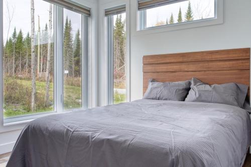a bedroom with a large bed and windows at Maison Eadda in Adstock