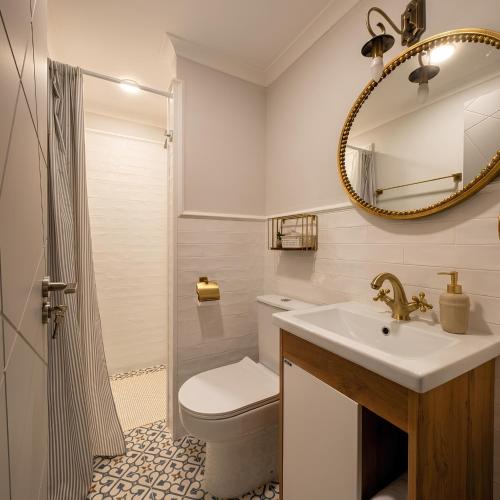 a bathroom with a sink and a toilet and a mirror at Villa Khodasheni in Kʼvemo Khodasheni