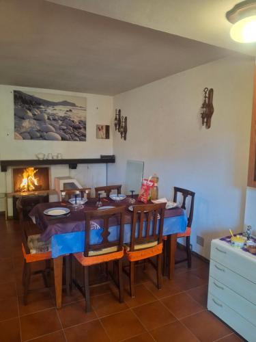 a dining room with a table and chairs and a fireplace at La ca' dal Tunec in Valduggia