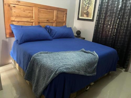 a bedroom with a blue bed with blue pillows at Grace in Spanish Town