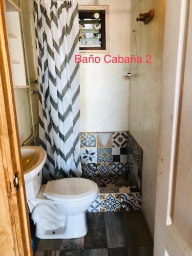 a bathroom with a toilet and a shower curtain at Bahía Coliumo in Tomé