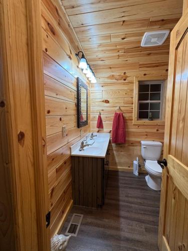 a wooden bathroom with a sink and a toilet at Hedgehog Hill Cabin-Helen Hideaway in Clarkesville