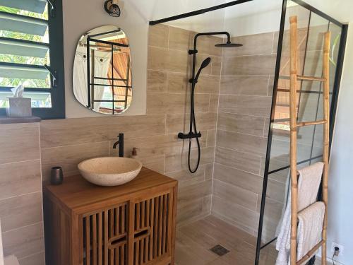 a bathroom with a shower and a sink at Sukha Lodge in Le Moule