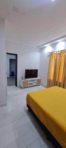 a bedroom with a yellow bed and a flat screen tv at Apartment for 2 people - Jorge One in Adrogue