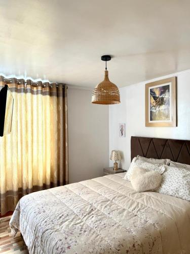 a bedroom with a bed and a pendant light at City Center Lima in Lima