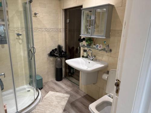 a bathroom with a sink and a shower and a toilet at Private Apartment in Oldham
