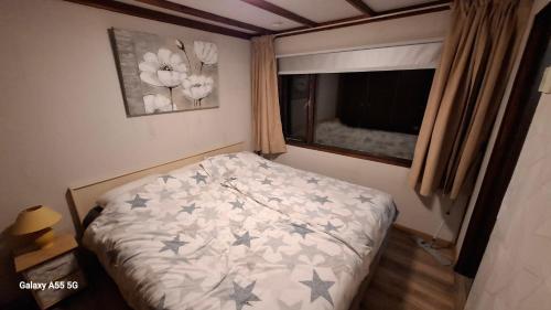 a bedroom with a bed with stars and a window at Chalet Lieke Nr386 in Eext