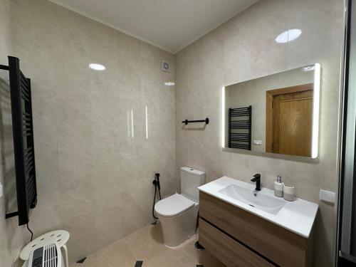 a bathroom with a sink and a toilet and a mirror at Sun & Wave Apartment in Peniche