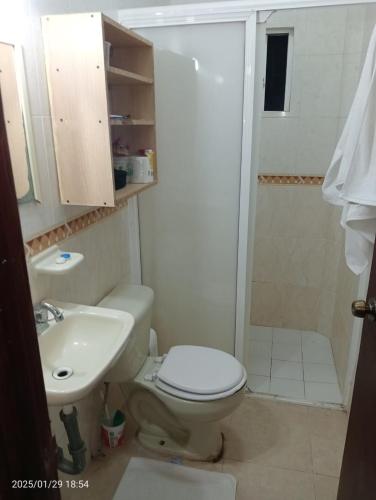 a bathroom with a toilet and a sink and a shower at Comfortable, bright and compact in Tembladera