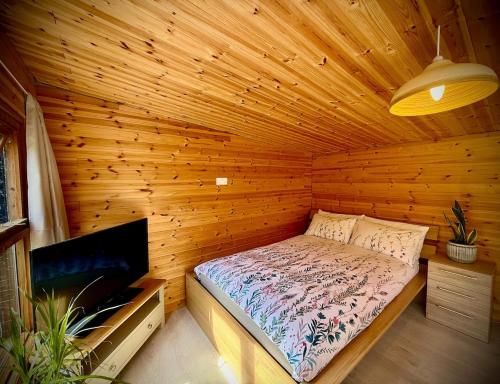 a wooden cabin with a bed and a flat screen tv at Glebe Summer House in Osmington