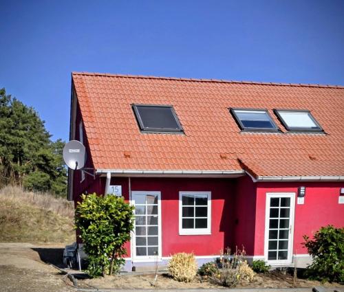 a red house with a red roof at Schwedenhaus, Am Achterwasser, Urlaub mit Hund in Lütow