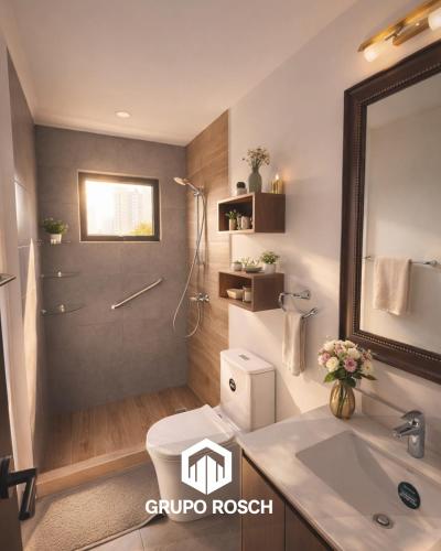 a bathroom with a shower and a toilet and a sink at Apartamento con Piscina in Las Victorias