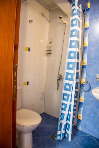 a bathroom with a toilet and a shower curtain at Bariakov Family Hotel in Bansko