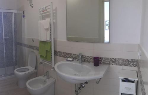 een badkamer met een wastafel, een toilet en een spiegel bij La Terrazza Sui Miracoli in Pisa