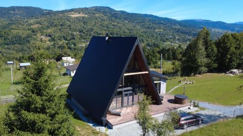 a house with a black roof on a hill at Chalet Rafenstein in Moisei