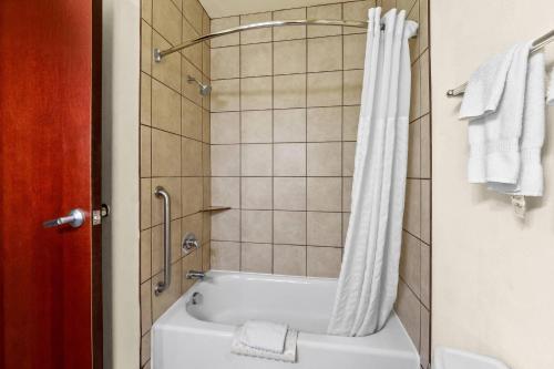a bathroom with a tub and a shower with towels at Comfort Suites San Antonio North - Stone Oak in San Antonio