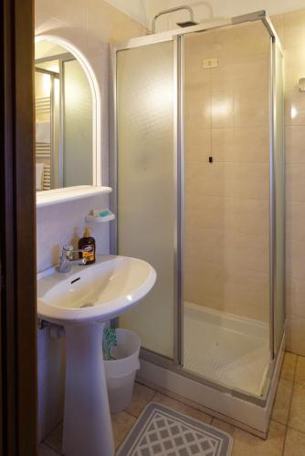 a bathroom with a sink and a shower at Hotel Al Caminetto in Valtournenche