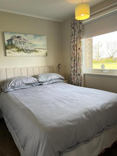 a bedroom with a large bed and a window at Dragon Chalet 1 , 155 Sunbeach Holiday Village, Scratby in Scratby