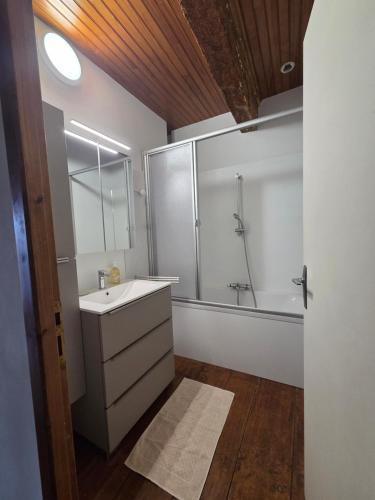 a bathroom with a sink and a shower at Gite de la Sauvetat in Auvillar