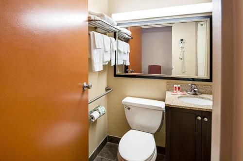 a bathroom with a toilet and a sink and a mirror at Quality Inn Near Pimlico Racetrack in Baltimore