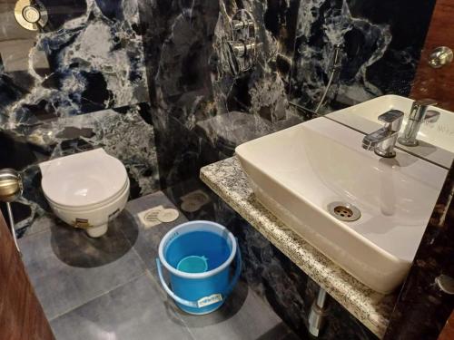 a bathroom with a sink and a toilet at Hotel Ashirwad Inn in Mumbai