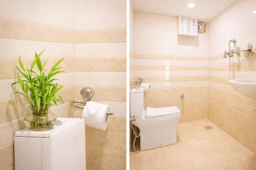 two pictures of a bathroom with a toilet and a sink at Thamel Central Apartment in Kathmandu