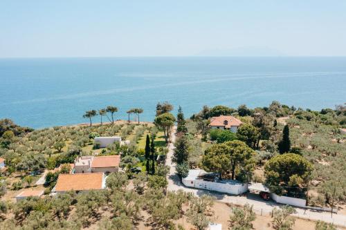 an aerial view of a house with the ocean in the background at Natural retreat in Makri