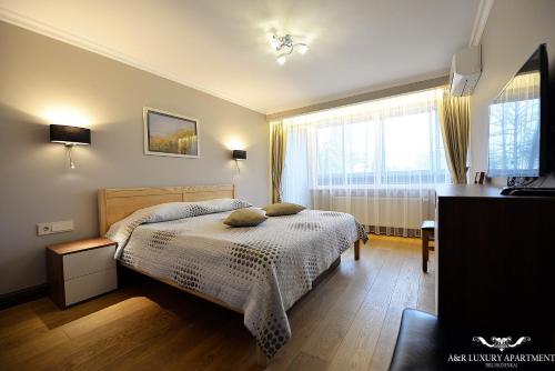 - une petite chambre avec un lit et une fenêtre dans l'établissement Luxury apartment, à Druskininkai