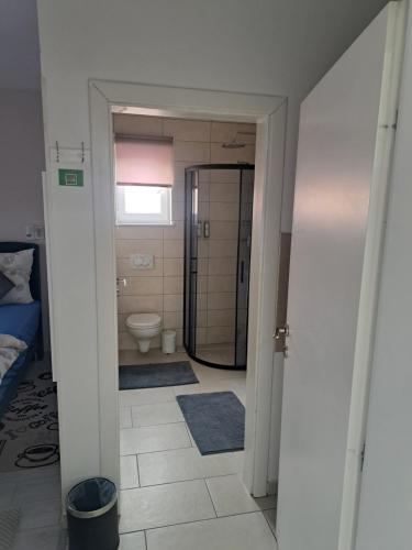 a bathroom with a shower and a toilet in a room at Jozić Sobe Studio in Krk
