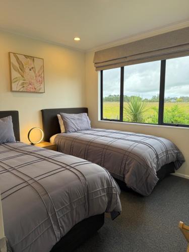 two beds in a room with a window at Protea Cottage in Masterton