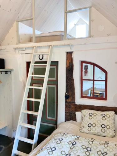 a bedroom with a bunk bed with a ladder at Alunbruket B & B in Brösarp