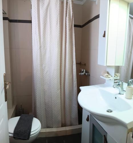 a bathroom with a shower curtain and a toilet at STUDIO WITH SEA VIEW - KYPARISSIA beach in Kyparissia