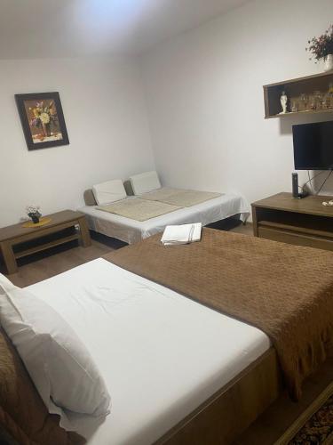 a room with three beds and a television in it at Lemora Apartments 3 in Focşani