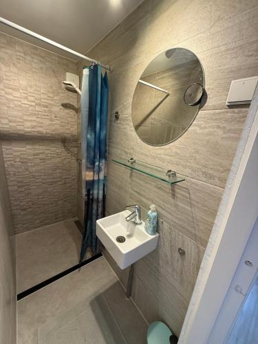 a bathroom with a sink and a shower and a mirror at Maisonnette Indysenne in Zandvoort