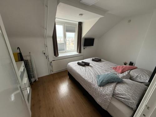 a bedroom with a bed and a window at Maisonnette Indysenne in Zandvoort