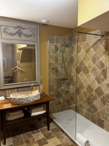 a bathroom with a shower with a glass door at La maison des romans du Château du Sollier - Charme Calme Confort Climatisation - à 5mn du péage de Bourges à la campagne - stationnement privé -Panette Collection in Bourges