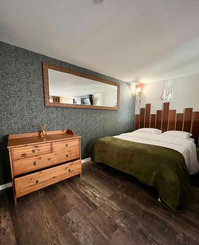a bedroom with a bed and a dresser and a mirror at Appartement confortable et accessible in Pelves