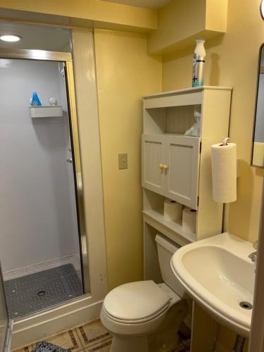 a bathroom with a shower and a toilet and a sink at Flower Avenue Hosting -Two DB Beds & Shower - Ground Floor Bedroom 1 Person 66 Night, 2 persons 122 - 3rd & 4th add 52 each in Silver Spring