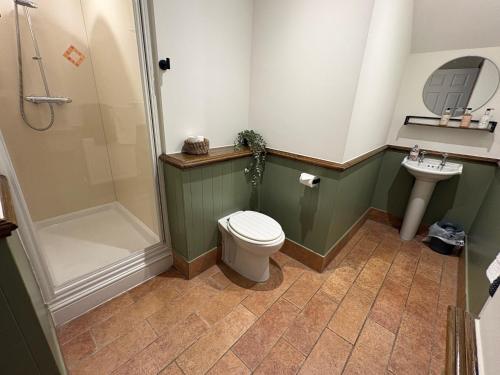 a bathroom with a toilet and a shower and a sink at True Lovers Knot, Tarrant Keyneston in Tarrant Keynston
