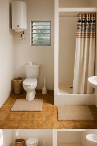 two pictures of a bathroom with a toilet and a sink at Séjour Caraïbe in Pointe-Noire