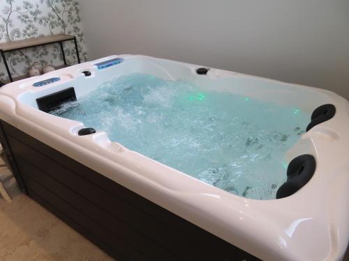 a bath tub with blue water in a room at Le Foyer Celtique in Ploërmel