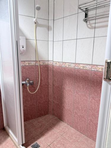 a shower with a glass door in a bathroom at Tanapavana閒雲居 in Alishan