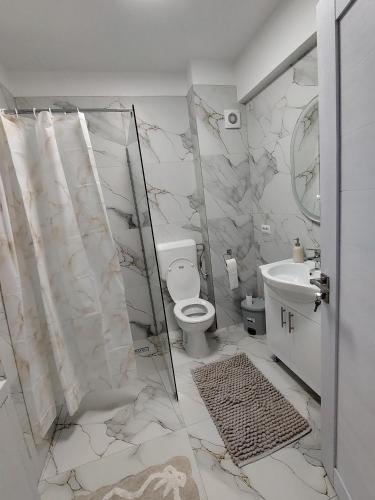a white bathroom with a toilet and a sink at Panorama Loft in Gura Humorului