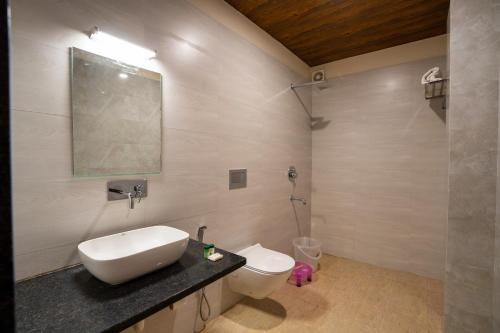 a bathroom with a sink and a toilet at The Parmatma Hotel in Udaipur