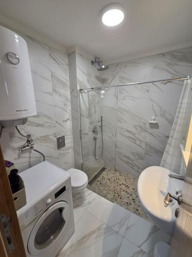 a bathroom with a shower and a toilet and a sink at Luxury flat Boka Nest in Dobrota