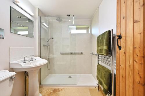 a bathroom with a shower and a sink and a toilet at Acorn Barn in Ashford