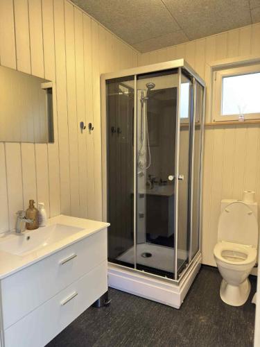 a bathroom with a shower and a toilet at Rødhus Camping in Pandrup