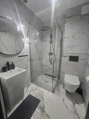 a white bathroom with a shower and a toilet at Apartament Sosnowy Las Widok na morze in Rowy
