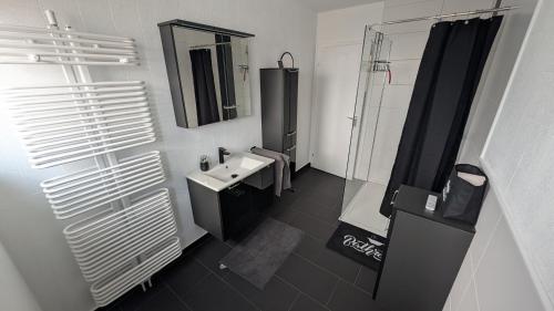 a bathroom with a sink and a shower and a mirror at Ferienhaus Kusel Blick in Kusel